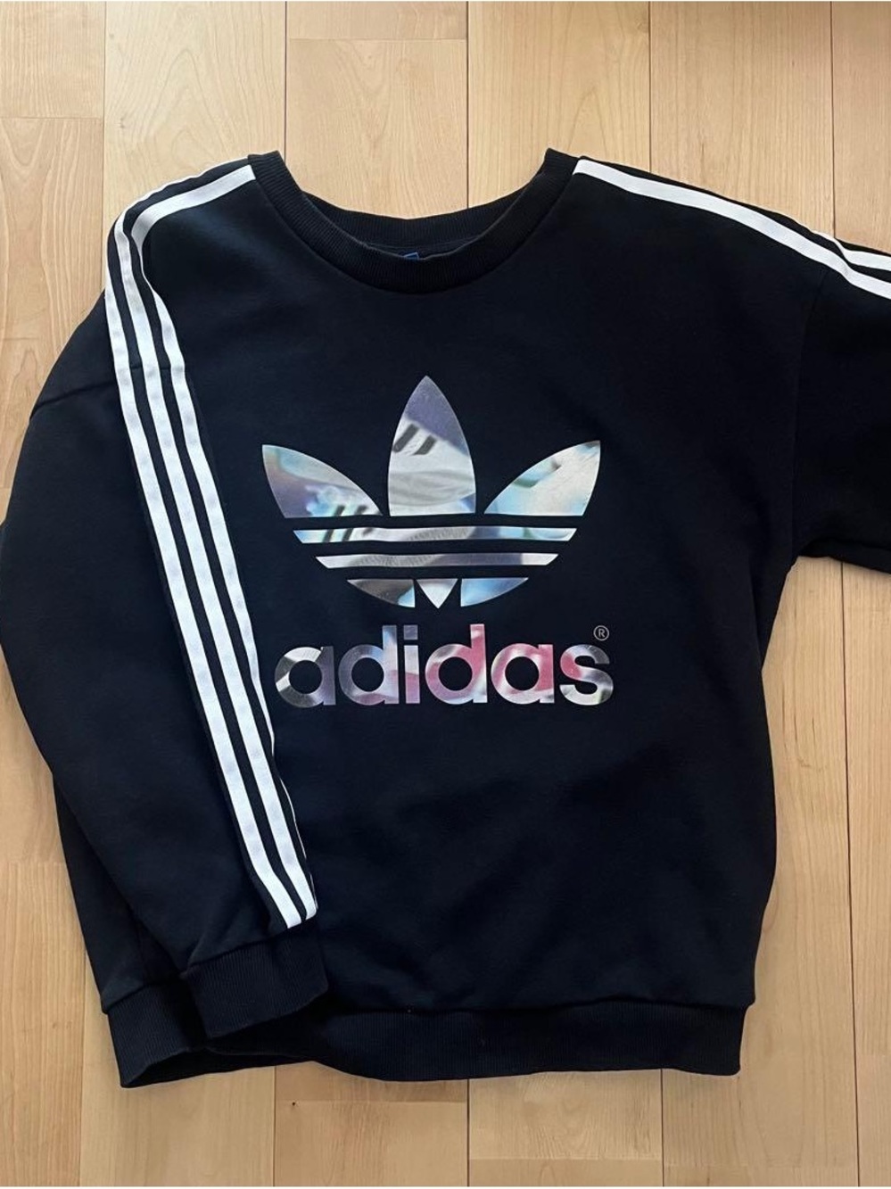 Adidas Black Crewneck with Iridescent Trefoil Logo